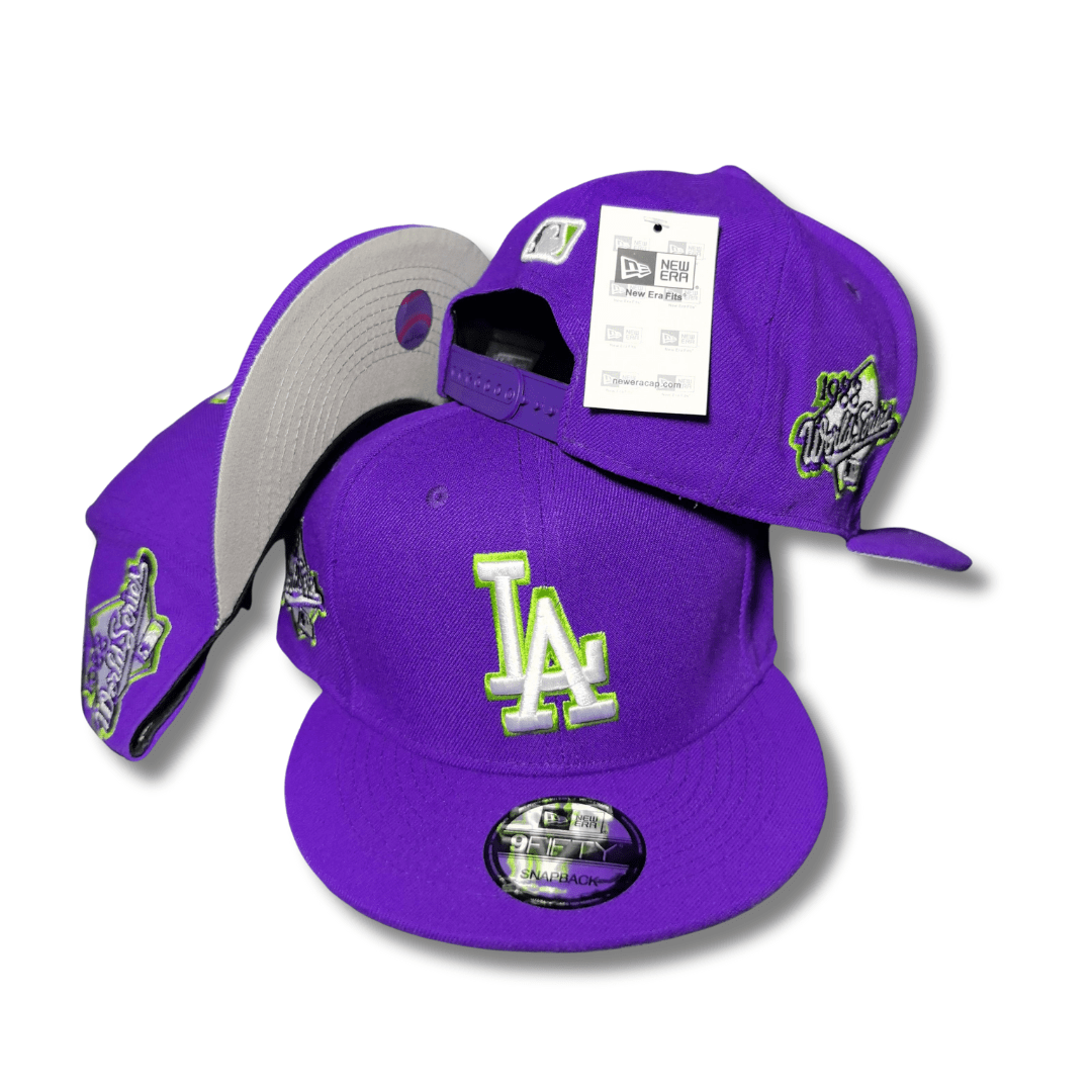 Los Angeles Dodgers Purple with Lime Green Logo and World Series Side Patches ¨C Snapback Cap