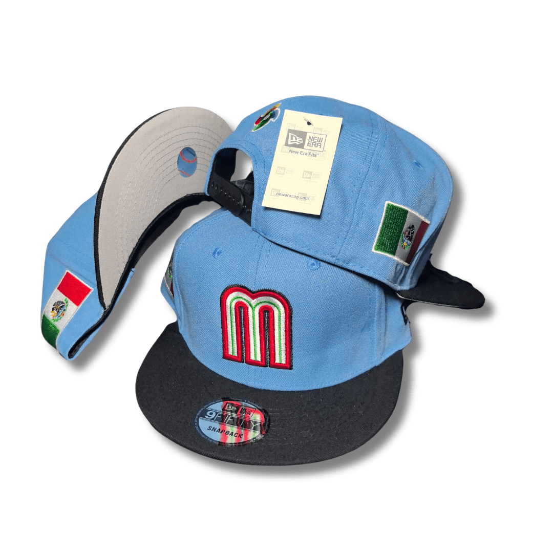 Mexico Baseball Light Blue and Black with Embroidered Logo and Flag Patch ¨C Snapback Cap