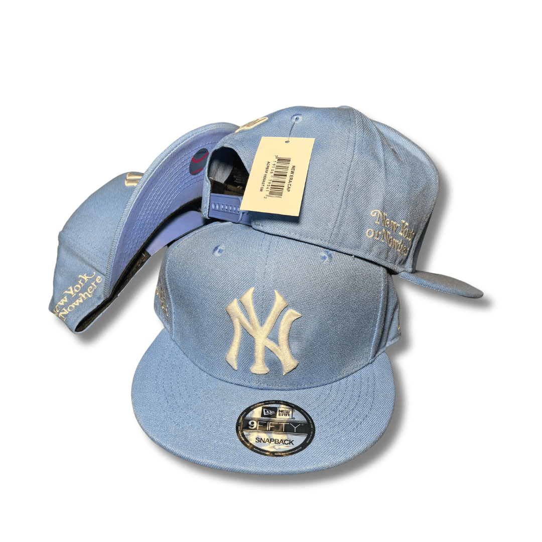 New York Yankees with Cream Embroidered Logo and Script Detail Light Blue ¨C Snapback Cap