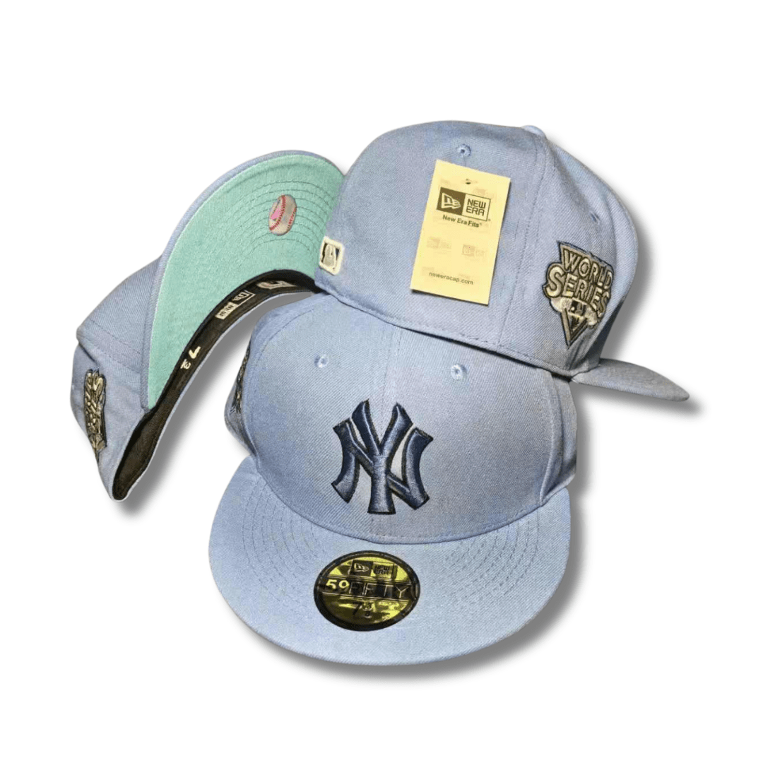 New York Yankees with World Series Patch and Mint Underbrim Light Blue ¨C Fitted Cap