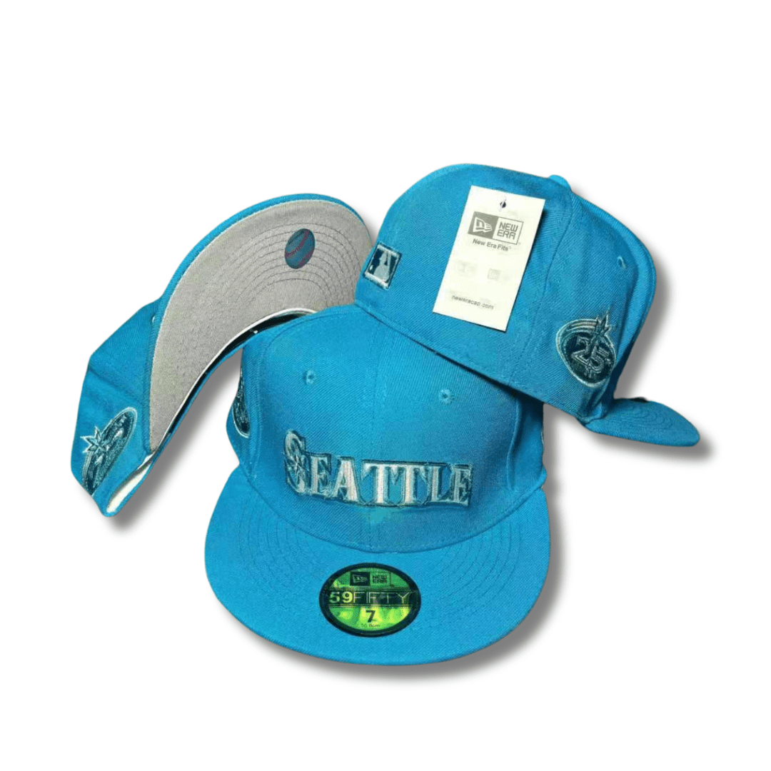 Seattle with Embroidered Script and Side Patch Teal ¨C Fitted Cap