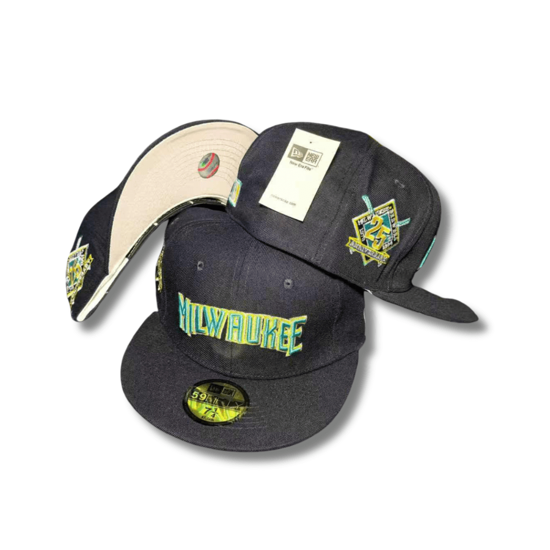 Milwaukee Fitted Hat with Embroidered Script and Commemorative Patch Black ¨C Fitted Cap