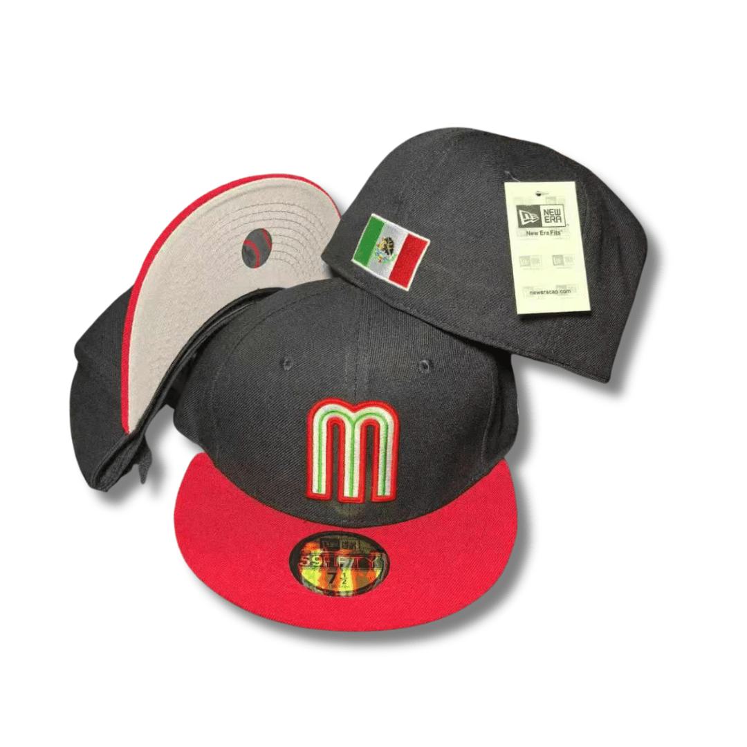 Team Mexico with Embroidered Logo and Red Brim Black ¨C Fitted Cap