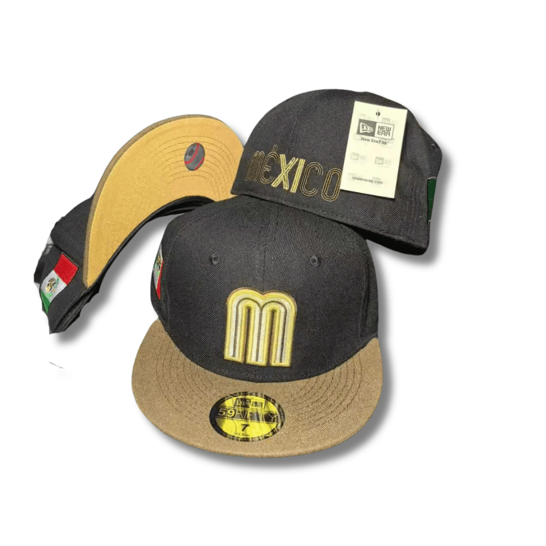 Team Mexico with Gold Embroidered Logo and Side Mexican Flag Patch Black and Gold ¨C Fitted Cap