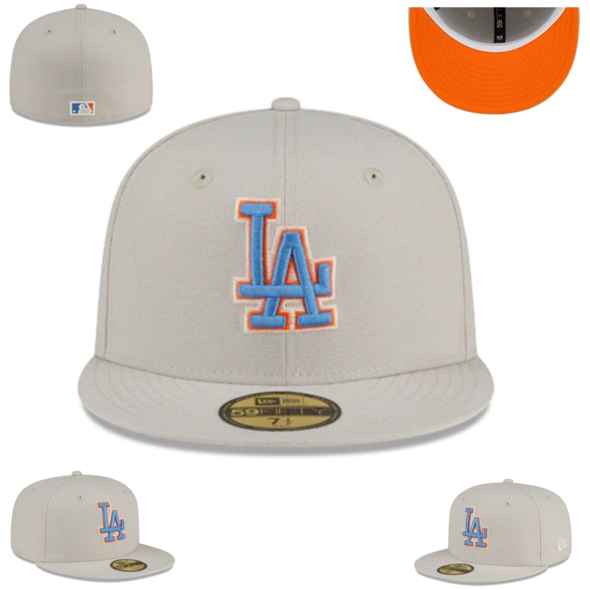 Los Angeles Dodgers Fitted Hat ¨C Light Gray with Blue and Orange Logo & Bright Orange Undervisor