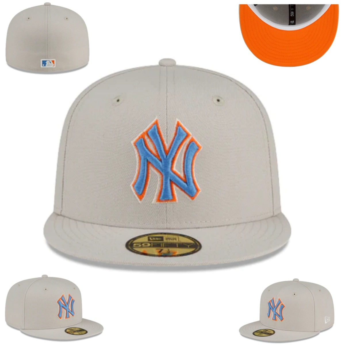 New York Yankees Fitted Hat ¨C Light Gray with Blue and Orange Logo & Bright Orange Undervisor