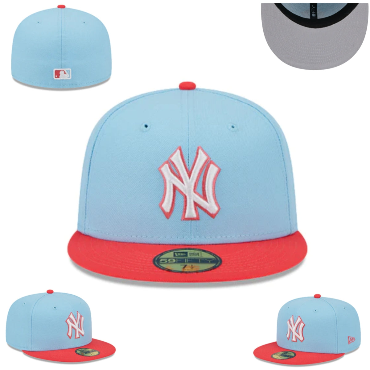 New York Yankees Fitted Hat ¨C Sky Blue with Red Brim and White Logo