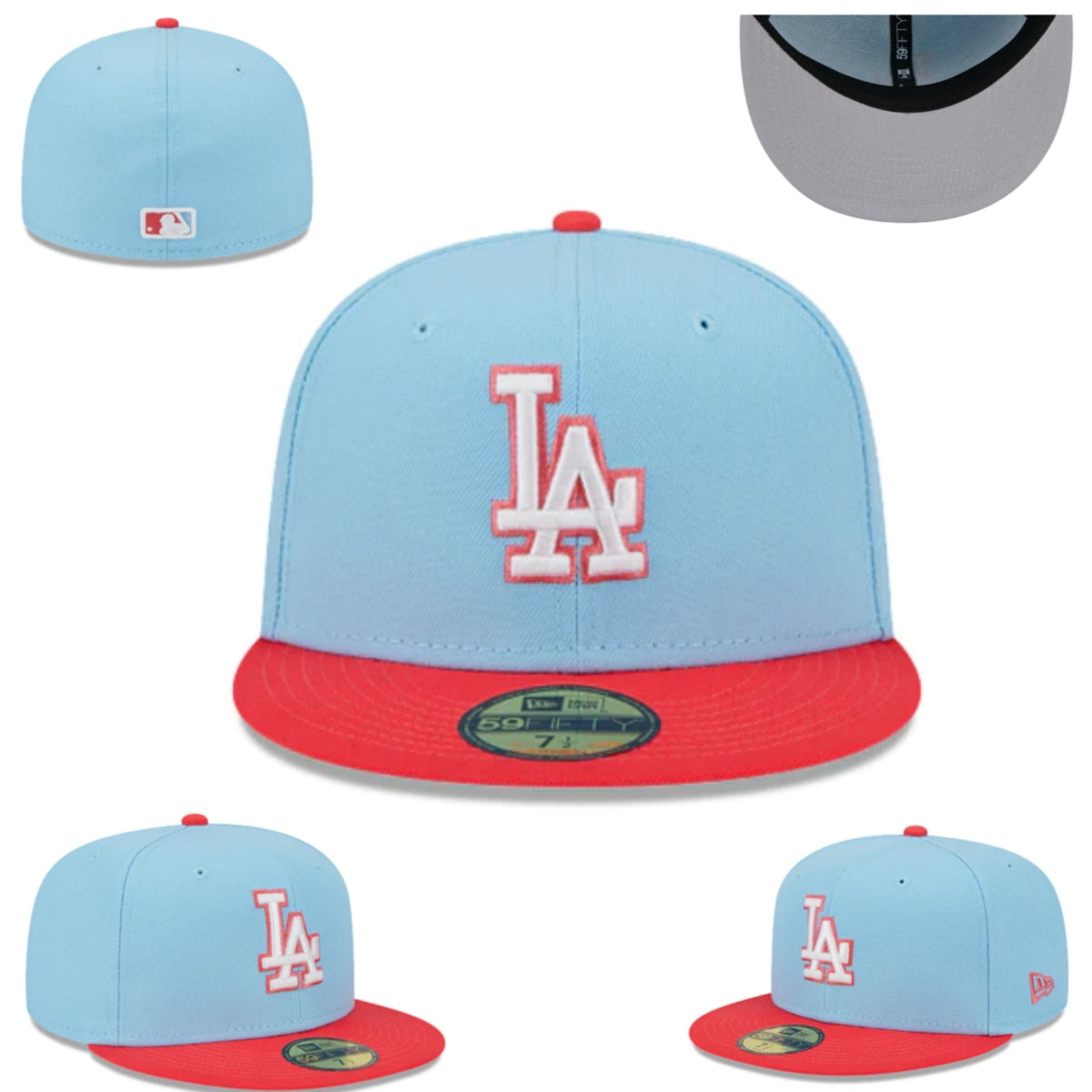 Los Angeles Dodgers Fitted Hat ¨C Sky Blue with Red Brim and White Logo