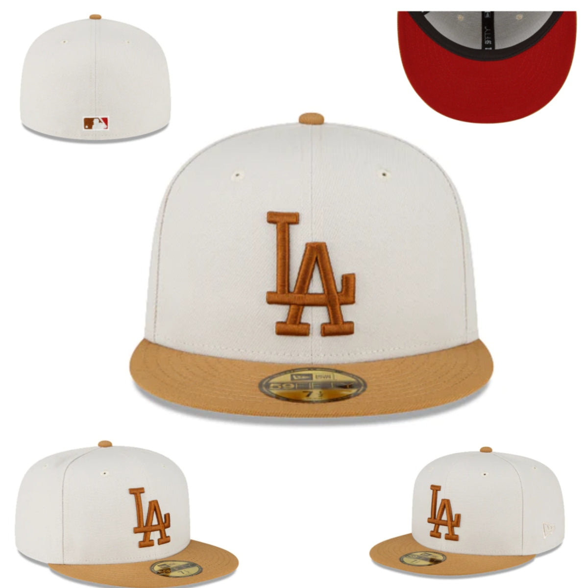 Los Angeles Dodgers Fitted Hat ¨C Cream with Tan Brim, Brown Logo, and Red Undervisor