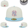 New York Yankees Fitted Hat ¨C Cream with Light Blue Brim and Red Outlined Logo