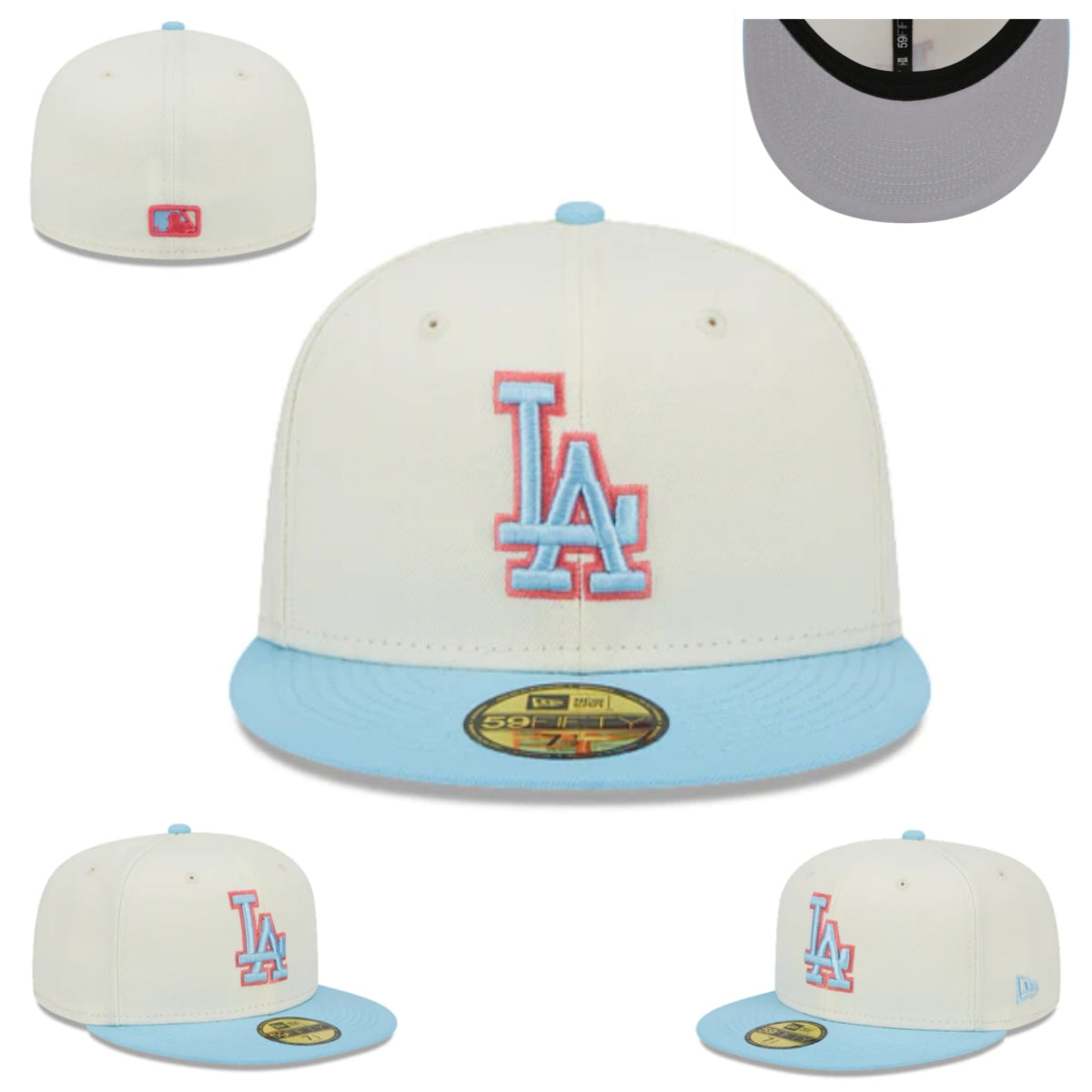 Los Angeles Dodgers Fitted Hat ¨C Cream with Light Blue Brim and Red-Outlined Logo