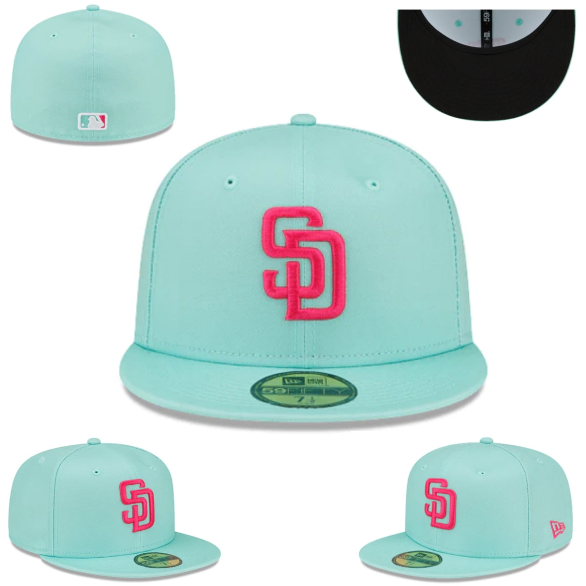 San Diego Padres Fitted Hat ¨C Aqua with Pink Logo and Black Undervisor