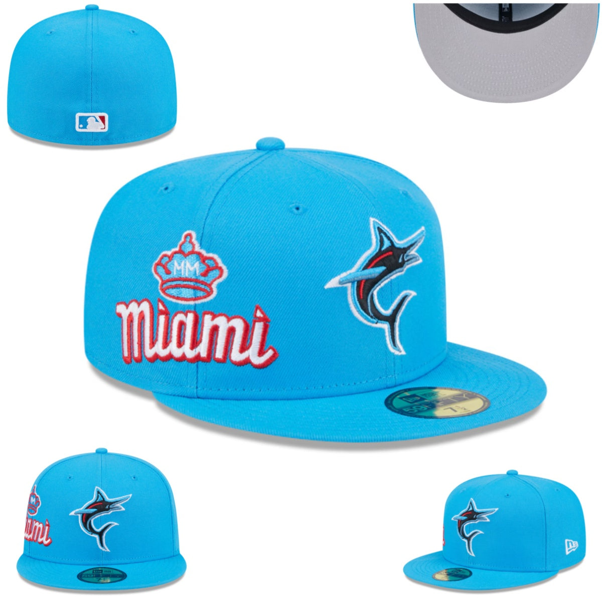Miami Marlins Crowned Script Hat with Gray Undervisor ¨C Light Blue