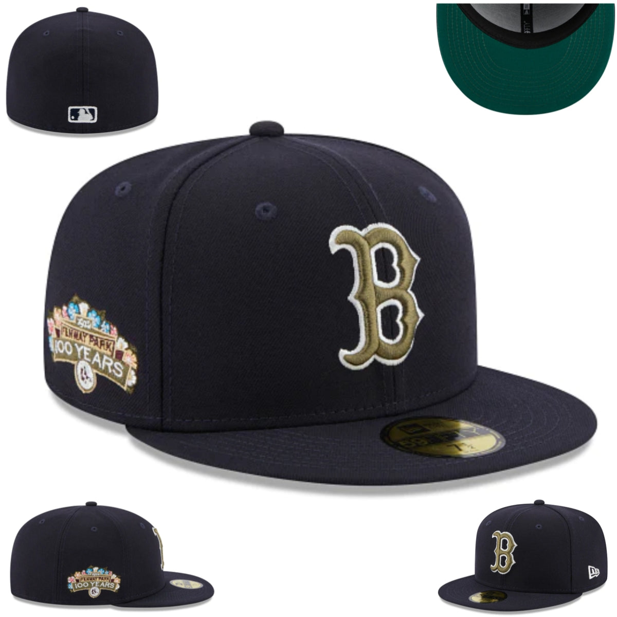 Boston Red Sox 100th Anniversary Fitted Hat ¨C Navy with Gold Embroidery and Green Under-Visor