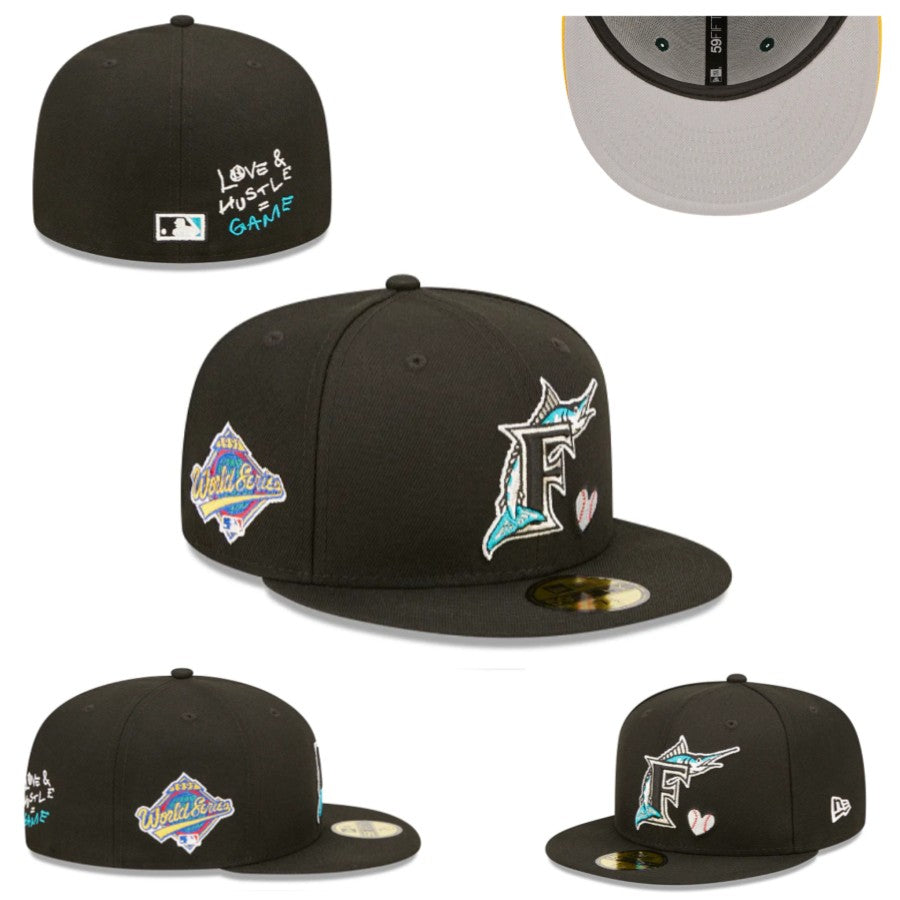 Miami Marlins World Series Fitted Hat with ¡°Love & Hustle Game¡± Embroidery ¨C Black