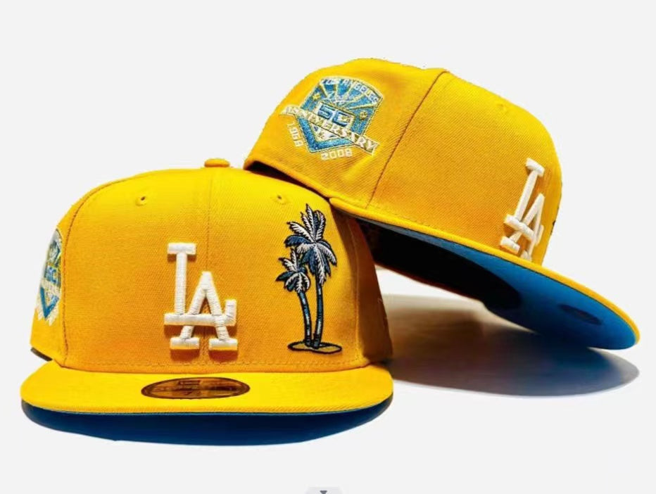 Los Angeles Dodgers 50th Anniversary Fitted Hat with Palm Tree Embroidery and Blue Underbrim ¨C Yellow