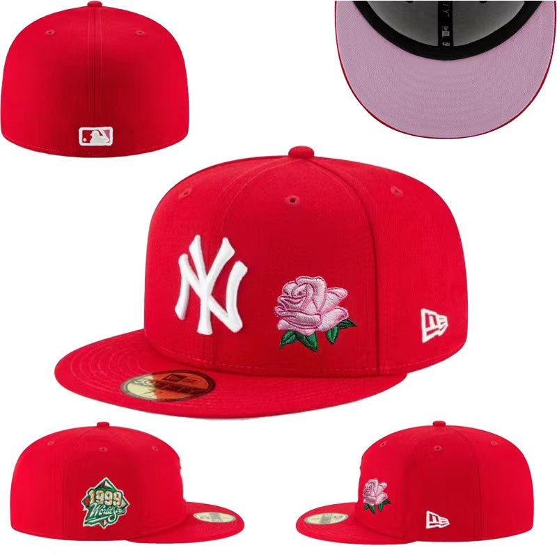 New York Yankees 1999 World Series Fitted Hat with Pink Rose Embroidery and Lavender Underbrim ¨C Red