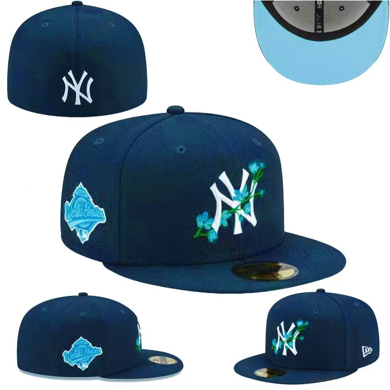 New York Yankees World Series Floral Embroidered Fitted Hat with Blue Underbrim ¨C Navy