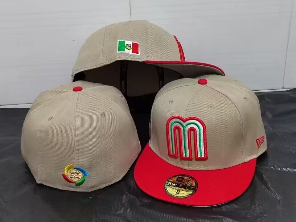 Mexico World Baseball Classic 59FIFTY Fitted Hat ¨C Tan and Red with Flag and WBC Logo