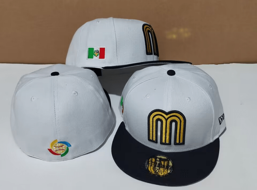 Mexico World Baseball Classic 59FIFTY Fitted Hat ¨C White and Black with Gold ¡°M¡± Logo