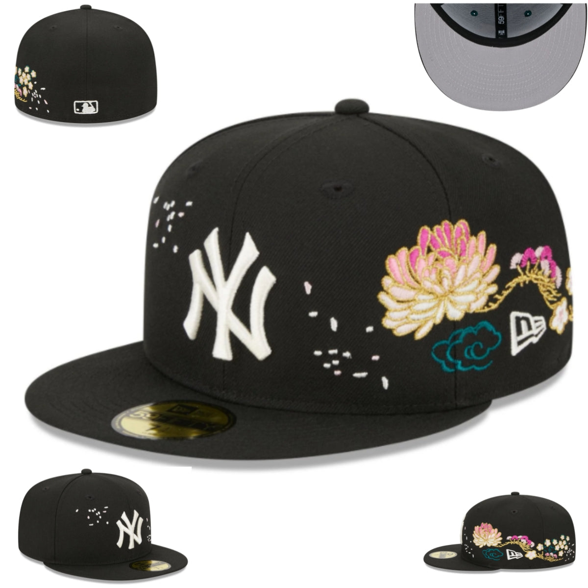 New York Yankees Floral Embroidered Fitted Hat ¨C Black