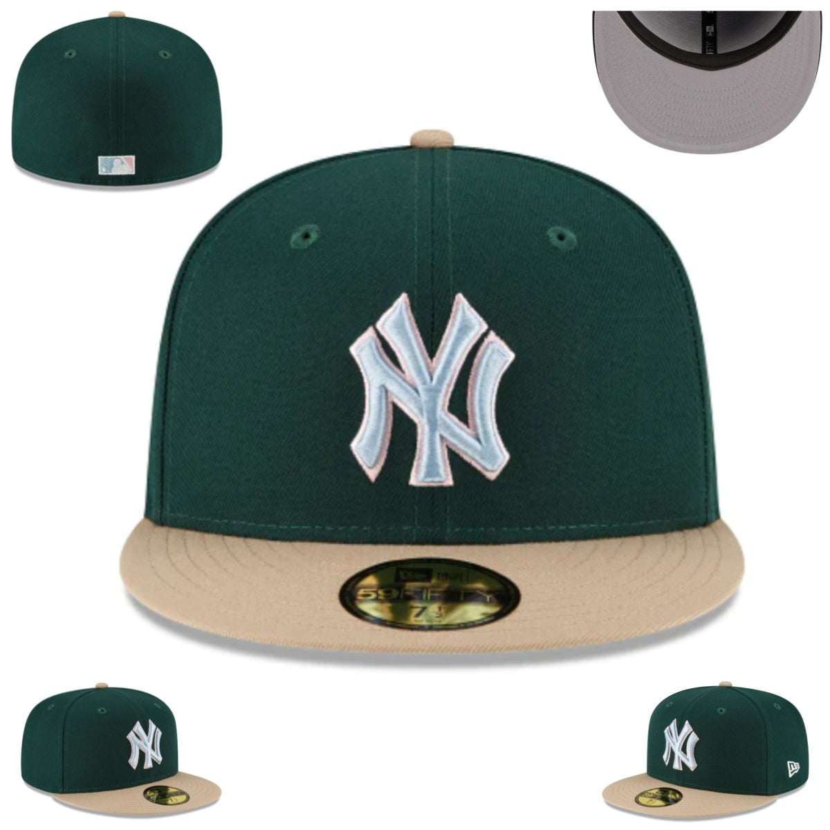 New York Yankees Fitted Cap ¨C Forest Green with Tan Brim and Ice Blue Logo