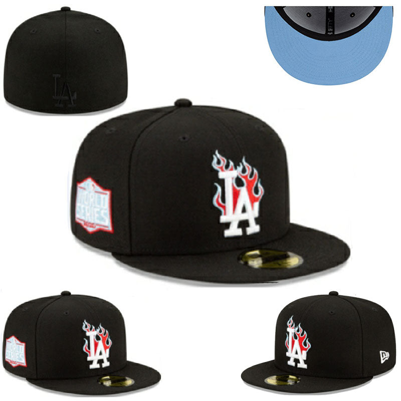 Los Angeles Dodgers ¡°Flaming Logo¡± Black Fitted Cap with World Series Side Patch