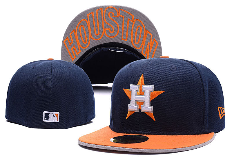 Houston Astros Navy and Orange Fitted Cap with Star Logo and Under-Brim Houston Design ¨C MLB Baseball Hat