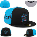 Miami Marlins Two-Tone Black and Blue Fitted Cap with Vibrant Teal and Red Logo ¨C Official MLB Baseball Hat