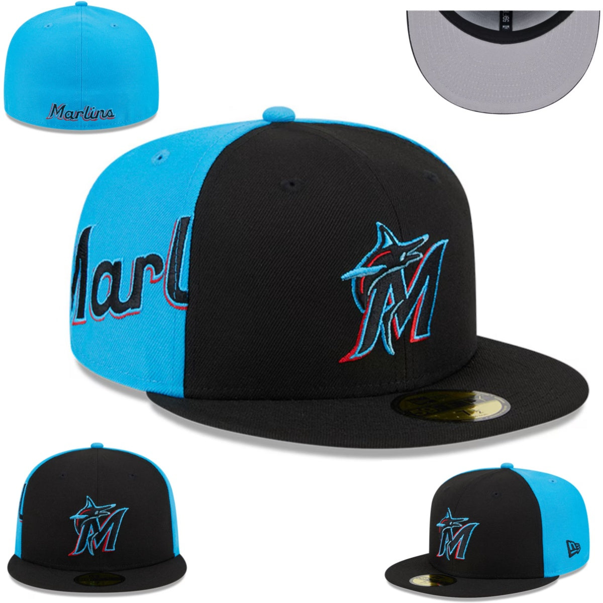 Miami Marlins Two-Tone Black and Blue Fitted Cap with Vibrant Teal and Red Logo ¨C Official MLB Baseball Hat