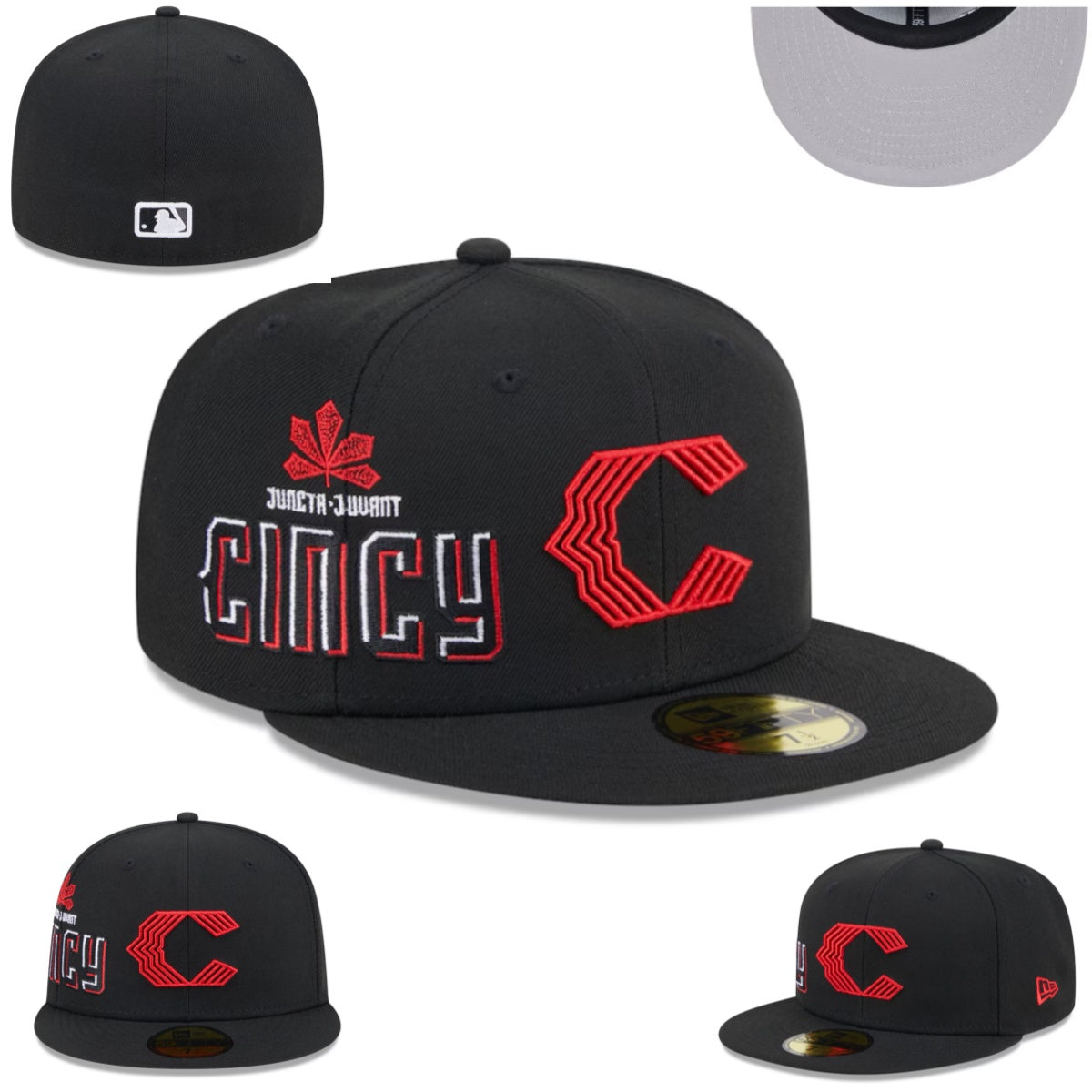 Cincinnati Reds ¡°Cincy¡± Black Fitted Hat with Embroidered Red C and Leaf Design