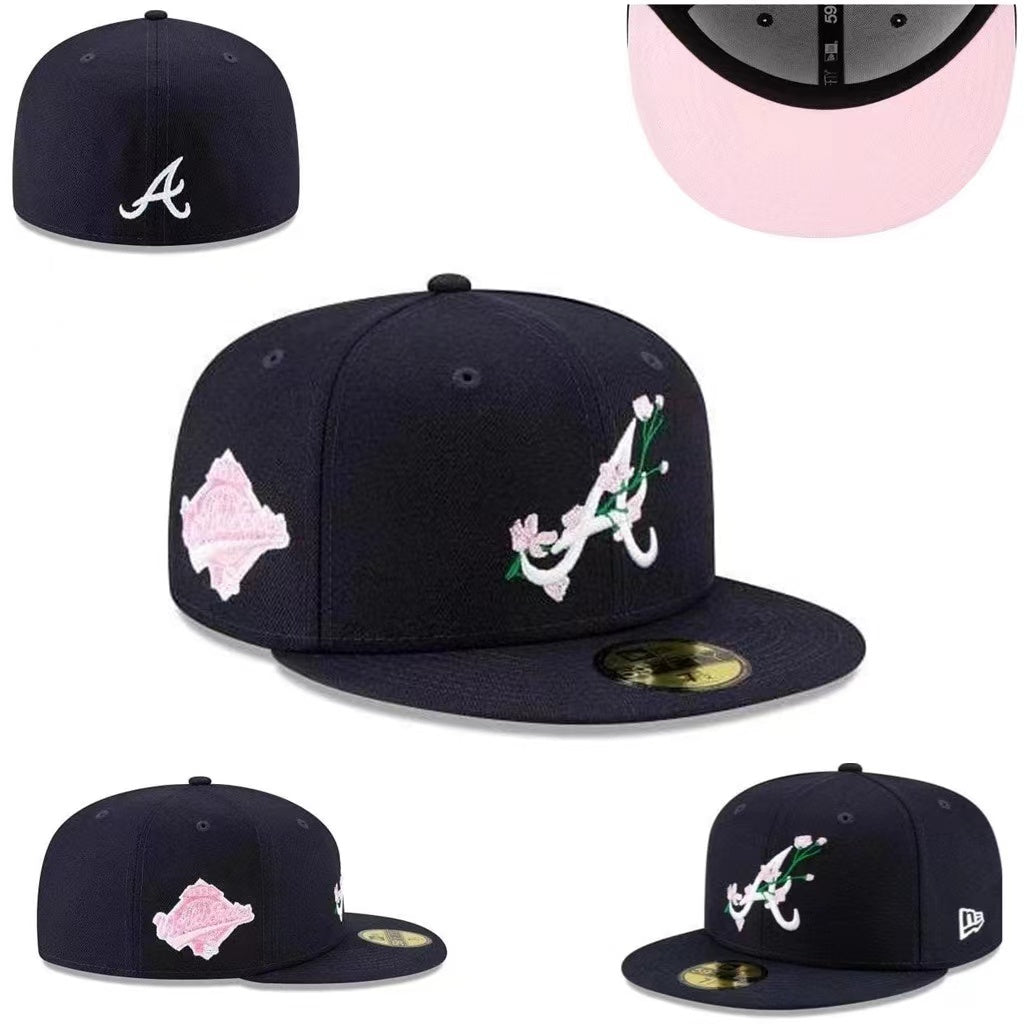 Atlanta Braves Floral Embroidered Fitted Hat ¨C Pink and Navy Edition
