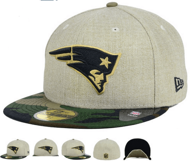New England Patriots Fitted Hat with Gold Logo and Camouflage Brim ¨C Khaki and Camo