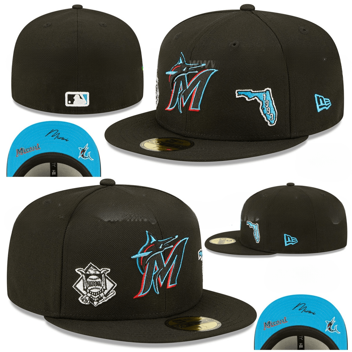Miami Marlins Fitted Hat with Side Patches and Aqua Blue Undervisor ¨C Black