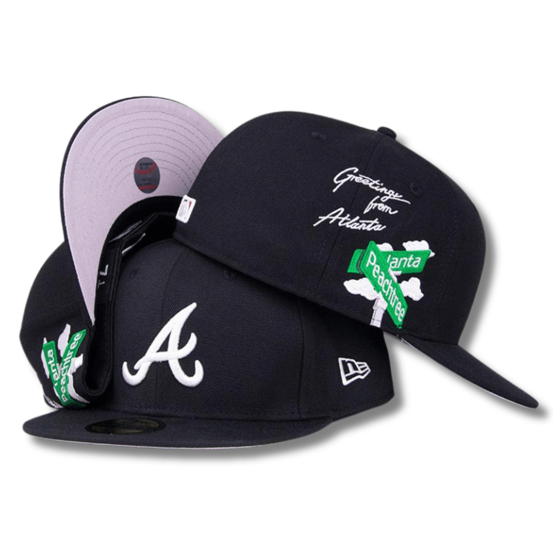 Atlanta Braves Fitted Hat with Peachtree Street Patch and ¡°Greetings from Atlanta¡± Design ¨C Black